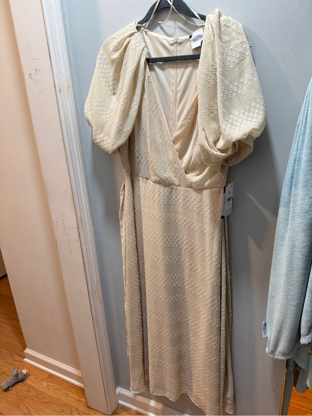 Cream Puff-Sleeve Midi Dress with Wrap Bodice